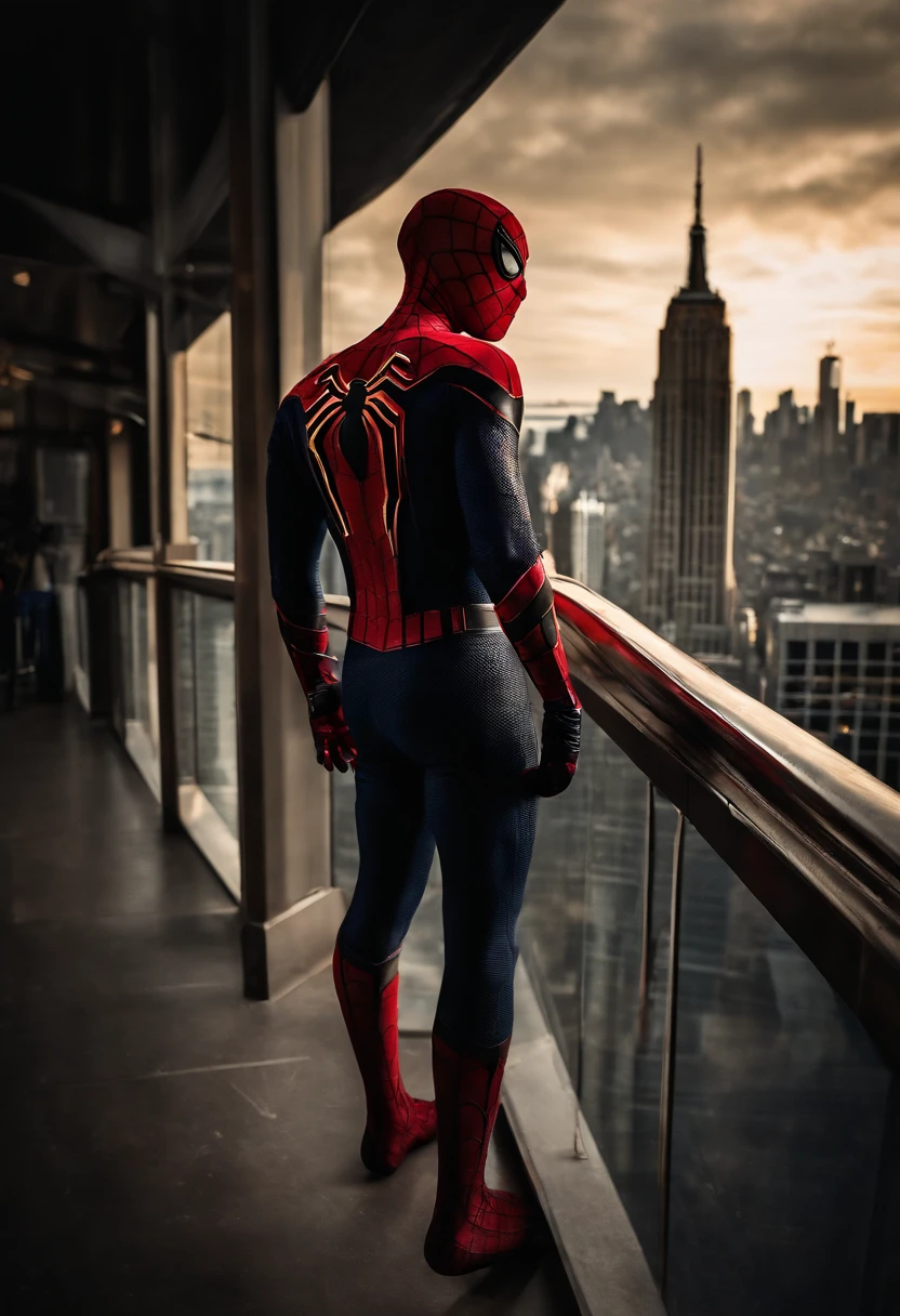 Spiderman standing ontop of the empire state building looking down on NYC as he holds on with one arm, cinematic, dramatic light, golden hour, haze