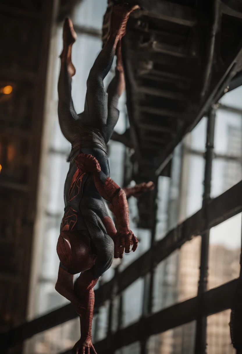 Spiderman standing ontop of the empire state building looking down on NYC as he holds on with one arm, cinematic, dramatic light, golden hour, haze