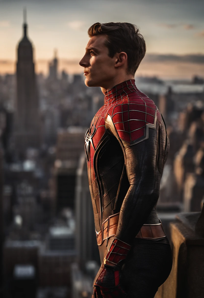 Spiderman standing ontop of the empire state building looking down on NYC as he holds on with one arm, cinematic, dramatic light, golden hour, haze