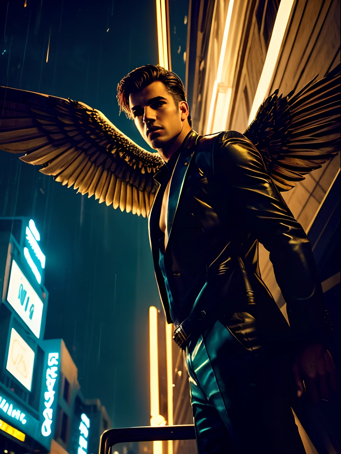 Cinematic shot of a heavenly handsome winged male angel, on a desert city street, on a rainy night, cinematic lighting, view from below, vivid color palette, high contrast, photographed by Guy Aroch