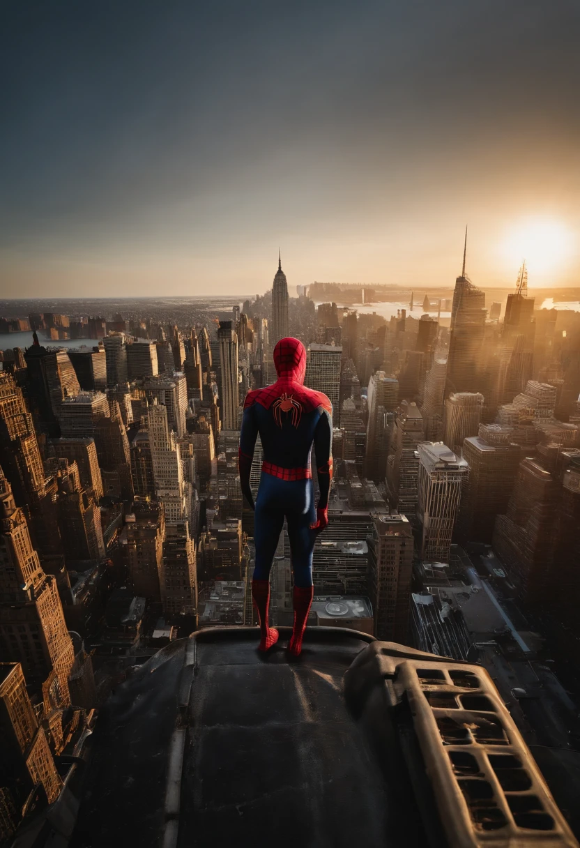 Spiderman standing ontop of the empire state building looking down on NYC as he holds on with one arm, cinematic, dramatic light, golden hour, haze