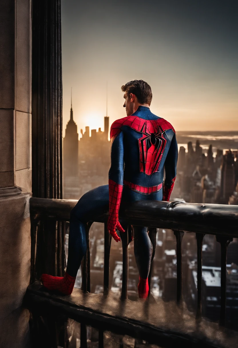Spiderman standing ontop of the empire state building looking down on NYC as he holds on with one arm, cinematic, dramatic light, golden hour, haze