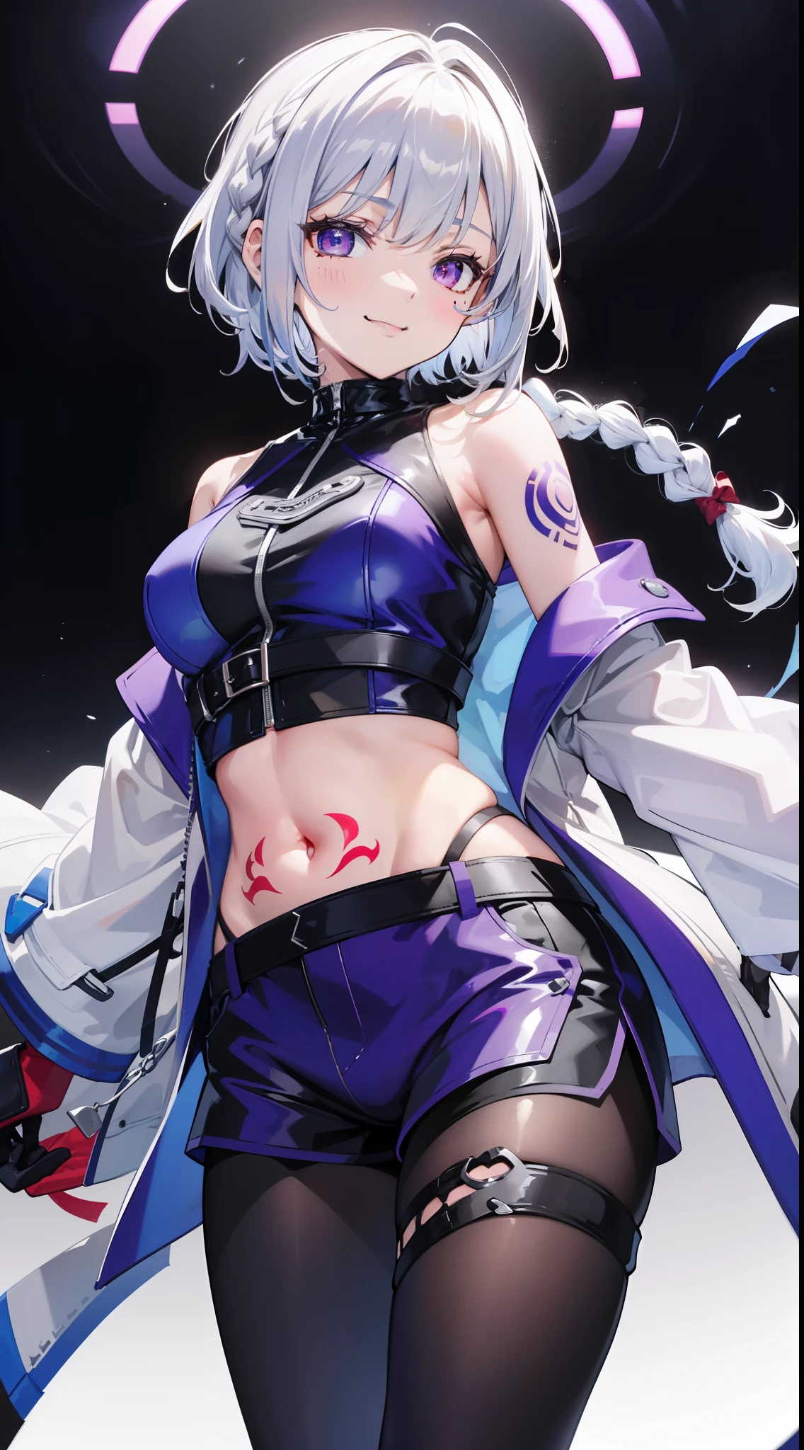 young girl, short white hair, braid, violet eyes, Blue Leather Coat, Sleeveless, open belly, Shorts, Long pantyhose, Long Grey Gloves,, red tattoo, smirk, Masterpiece, hiquality, 4k, HD, Good detail