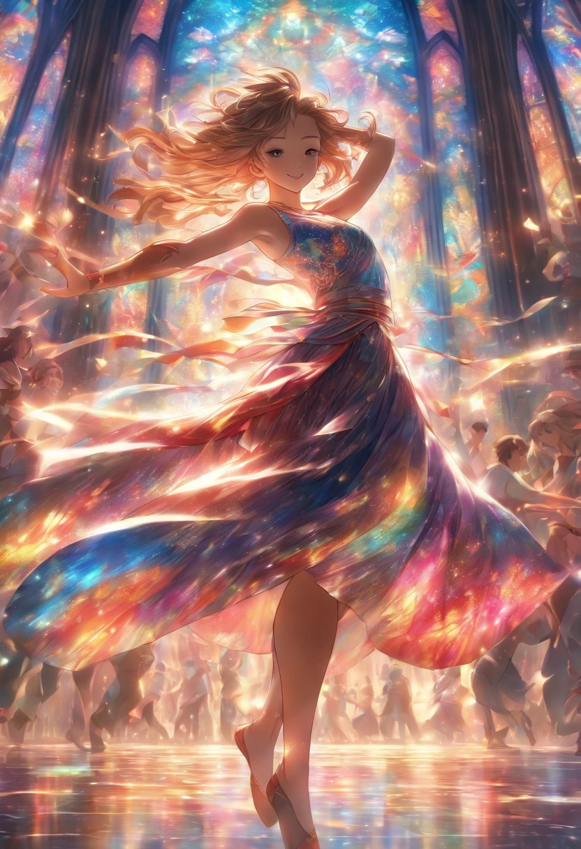 Beautiful woman dancing gracefully in a crowd、Draw in an ultra-detailed, high-quality stained glass style。The colors are vivid、Let the light shine in and create a beautiful pattern。"