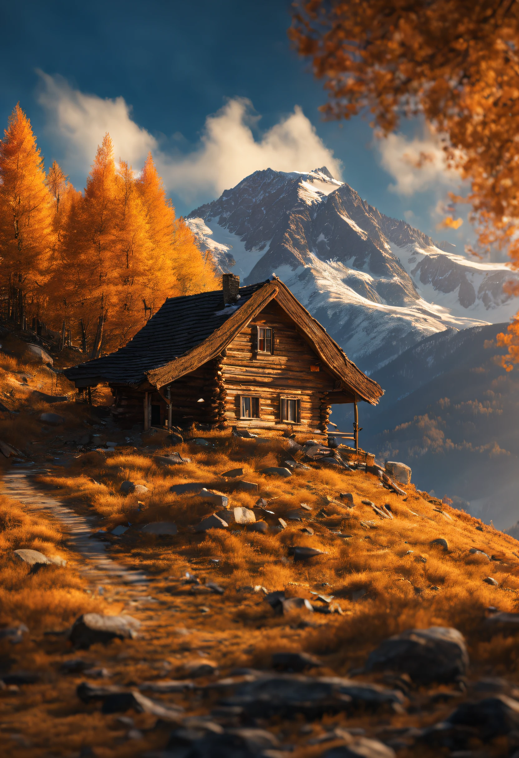 ((masterpiece)), (((best quality))), ((ultra-detailed)), (Amazing:1.1), beautiful, nature, sky and ground, heavy wind, windswept, beautiful clouds, a mountain cabin in the foreground, majestic, snow-capped mountain range, with hills in autumn colors, award winning photo, BLN-L24, Exposure,High Contrast,Low Saturation,High Saturation 8k 3D, F 2.8 lens, Aerial View, Cinematic lighting