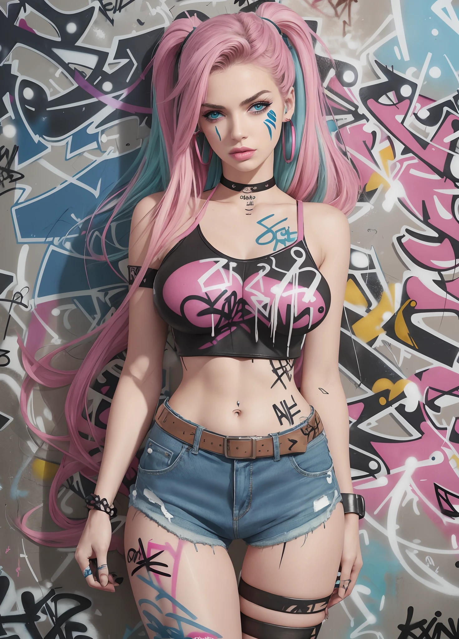 completely nude, Harley Quinn pink and blue, blue eyes, high pigtails, wide hip, extreme beauty, full body, dark park background
