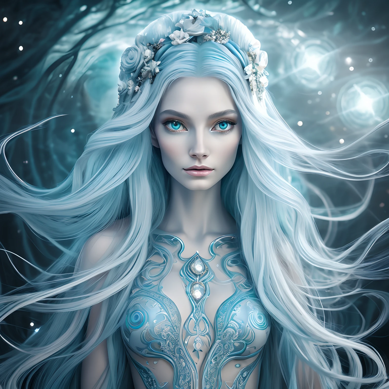 Create a digital illustration of Seraphina, the ethereal and compassionate (alien:1.3) healer. Render her with impeccable detail and intricate cosmic patterns on her flowing robes. Emphasize the luminescent, (pale blue skin:1.3), radiant silver eyes, and long, flowing iridescent hair that changes colors with her movement. The background should be a celestial environment, with stars and galaxies, creating a sense of otherworldly beauty. Use a wide-angle lens to capture her entire form, allowing viewers to admire her elegance and grace.