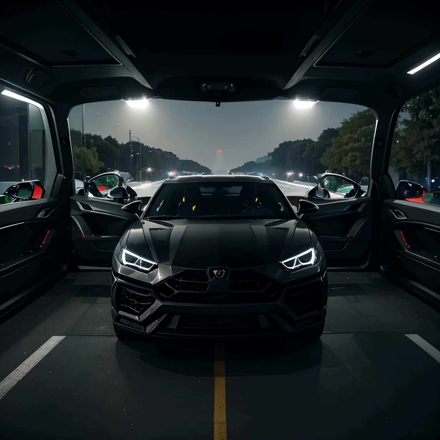 Front seat of Lamborghini urus at night with led interior in Charlotte