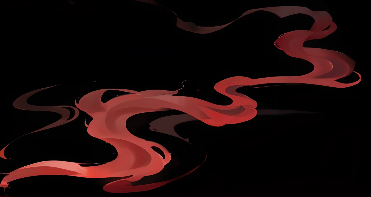 Red smoke rises from a black background, Flowing red hair, long fire hair, Flowing pink hair, red smoke follows his movement, fire hair, , Wisps of darkness, Red glowing hair, flowing glowing hair, complete darkness background, Wisps of magical smoke, evil inky swirly ripples, hair flowing