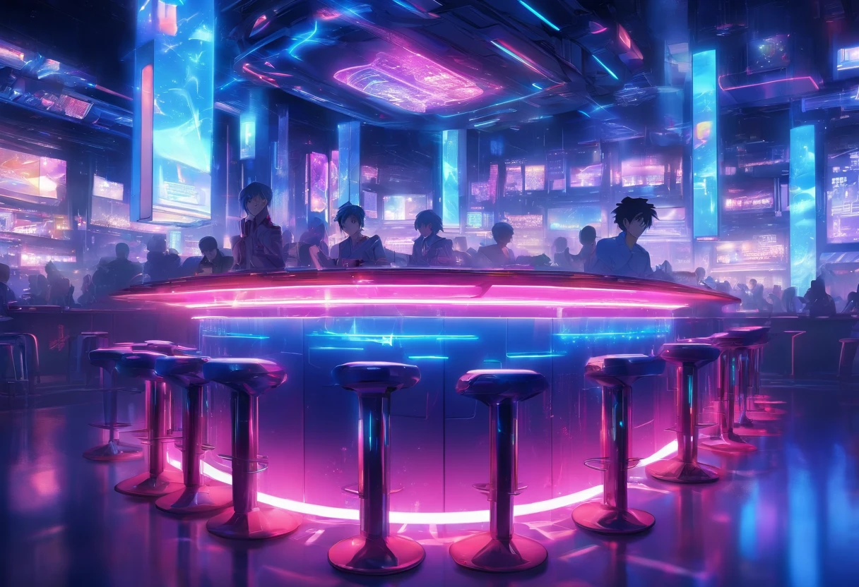 The bar table is designed in a futuristic, modern and technological style, with blue LED strips and a white bar