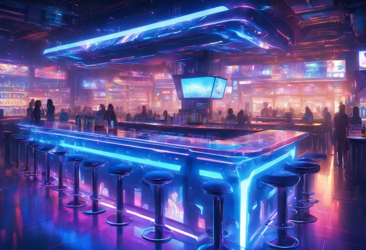 The bar table is designed in a futuristic, modern and technological style, with blue LED strips and a white bar