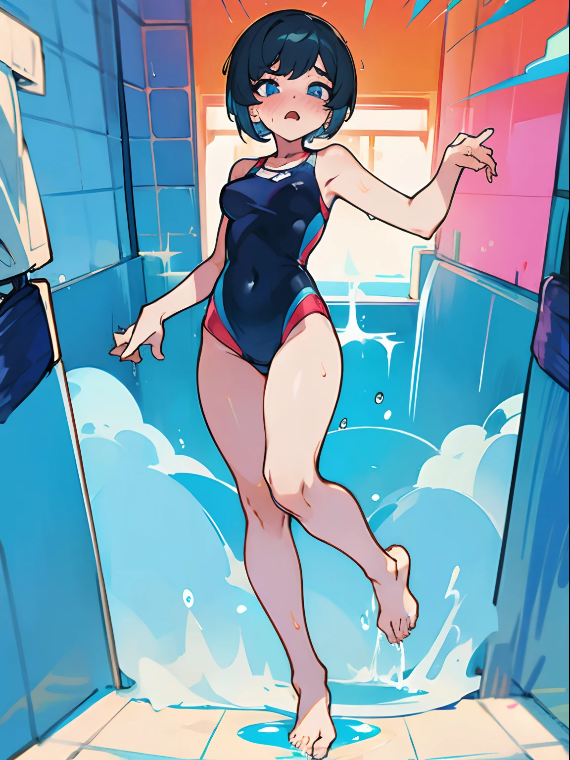 Short hair, bathing suit, scared face , sexy pose , full body