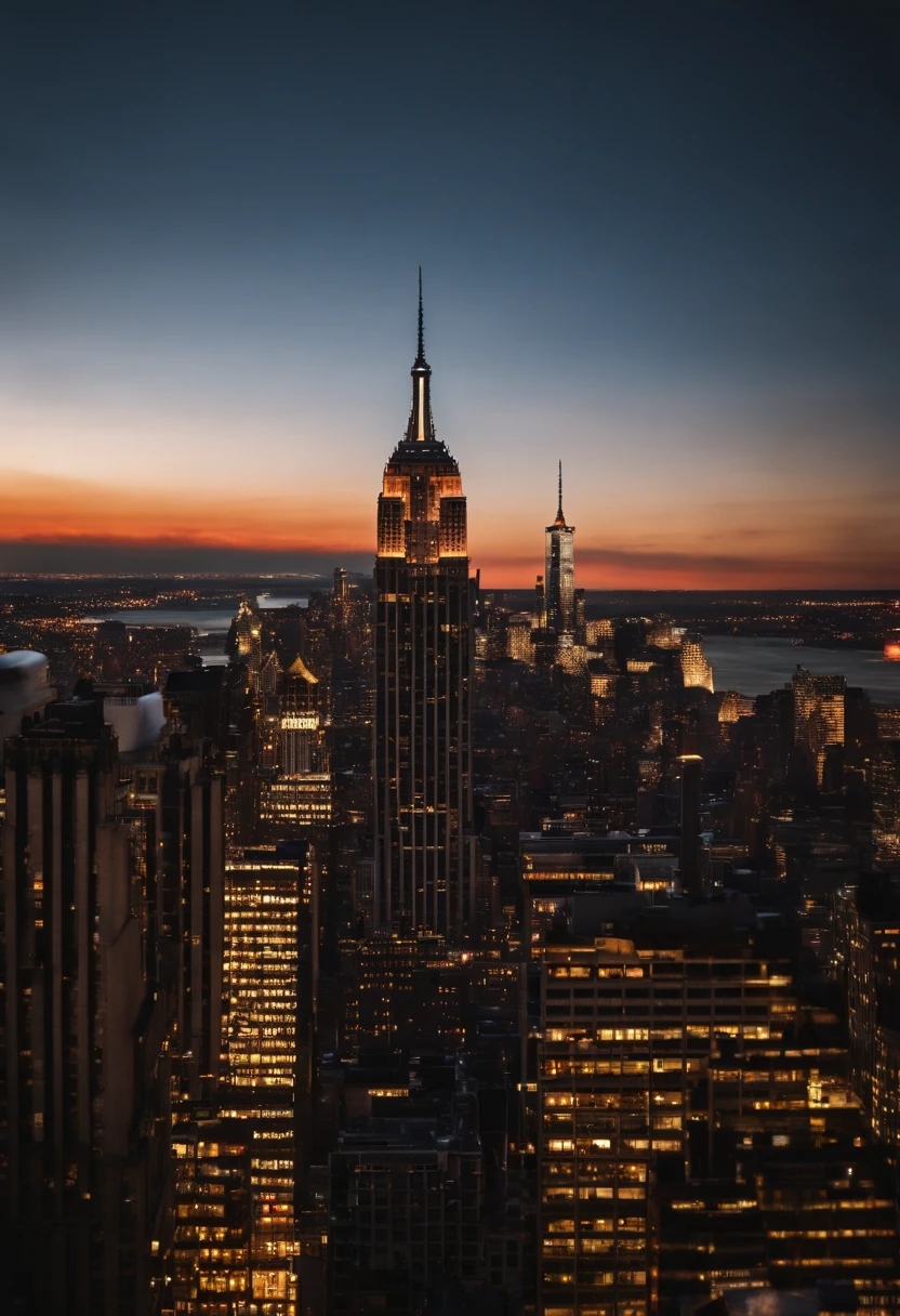 Spiderman standing ontop of the empire state building looking down on NYC as he holds on with one arm, cinematic, dramatic light, golden hour, haze