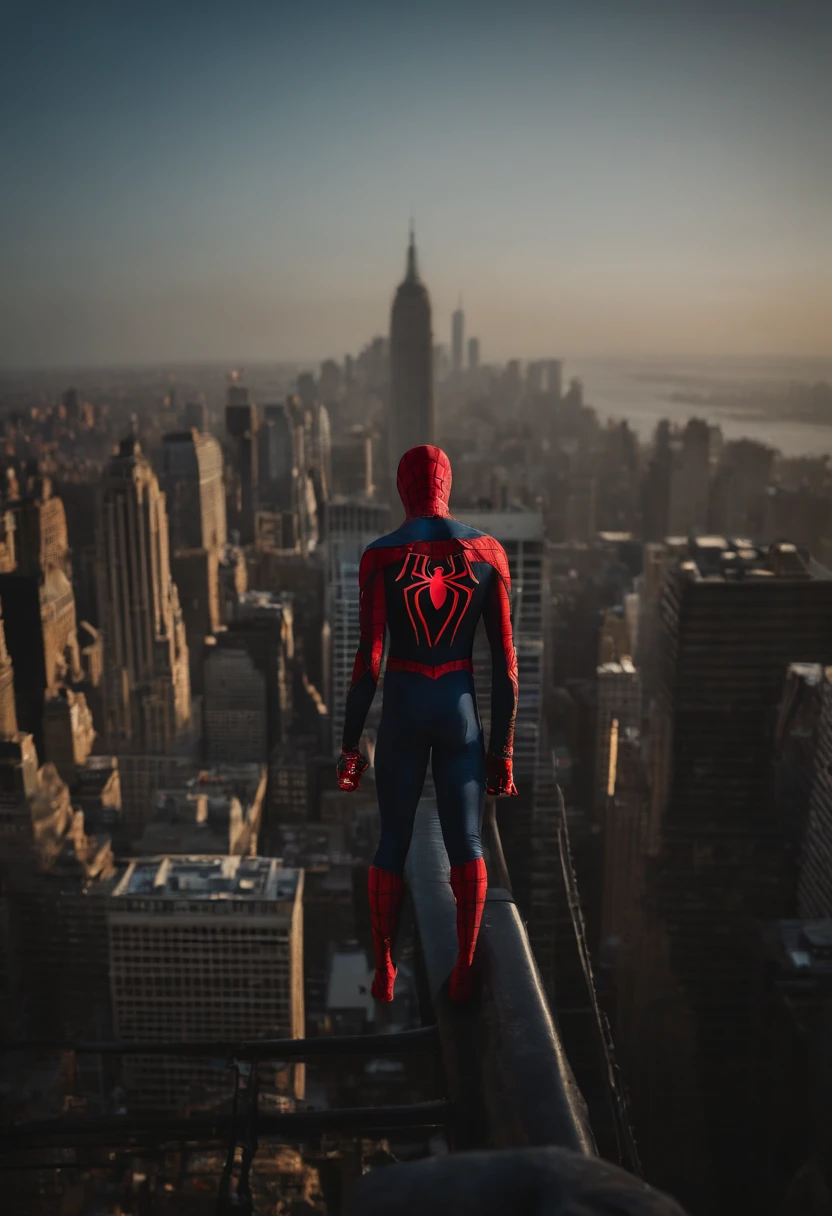 Spiderman standing ontop of the empire state building looking down on NYC as he holds on with one arm, cinematic, dramatic light, golden hour, haze