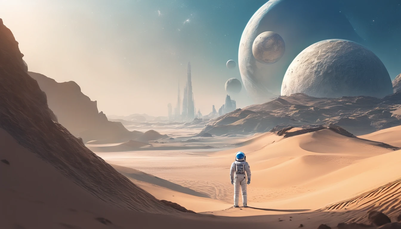 (best quality,highres,masterpiece:1.2),realistic,ultra-detailed astronaut,unknown planet, giant moon,blue ocean,sunny sky,sandy dunes