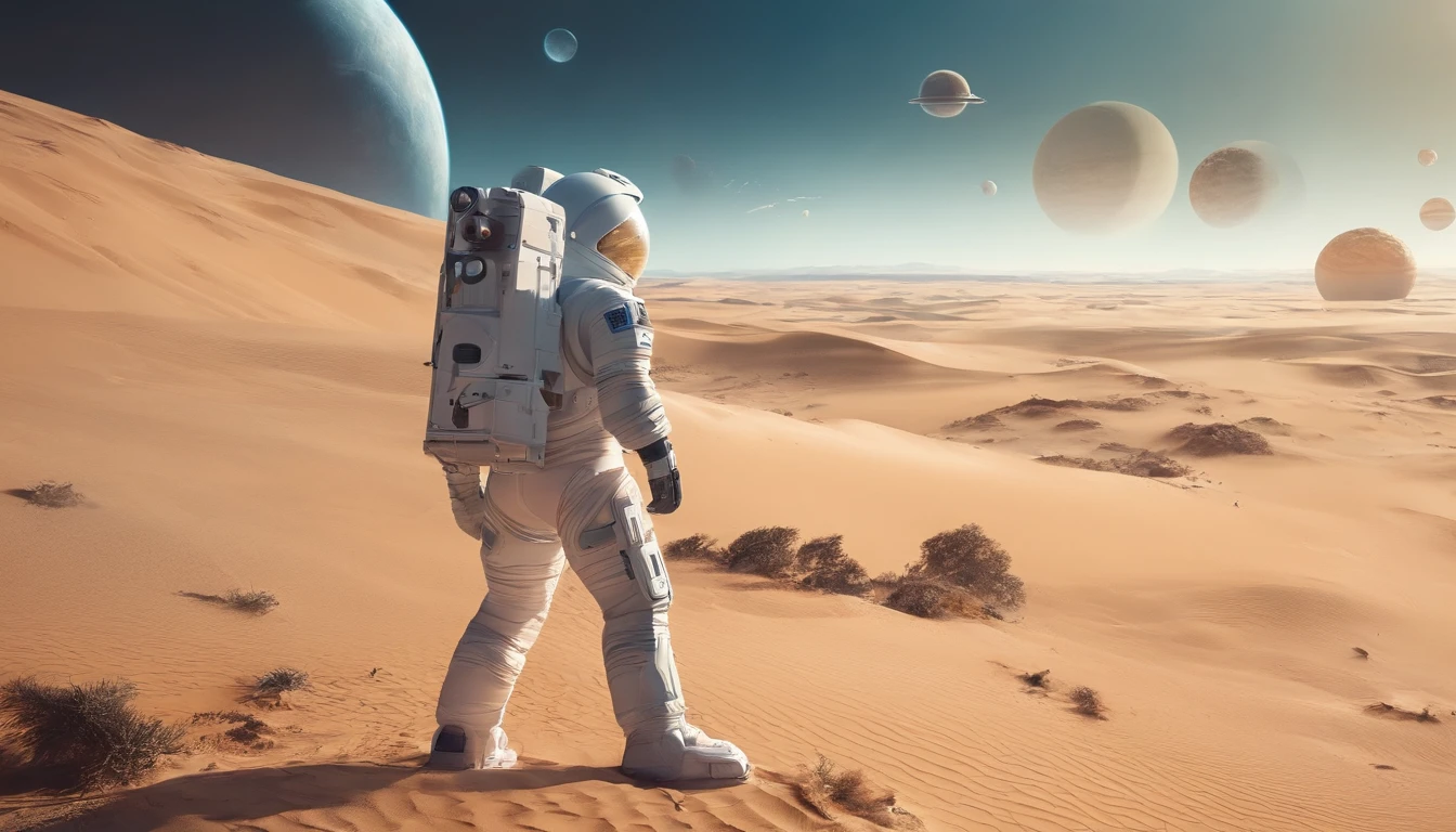(best quality,highres,masterpiece:1.2),realistic,ultra-detailed astronaut,unknown planet, giant moon,blue ocean,sunny sky,sandy dunes