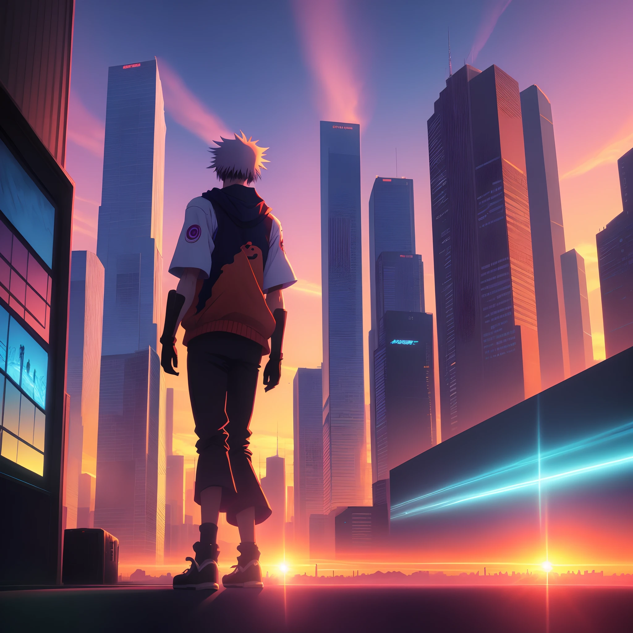 cyber sunset, vibrant, city, 90's anime, wallpaper,