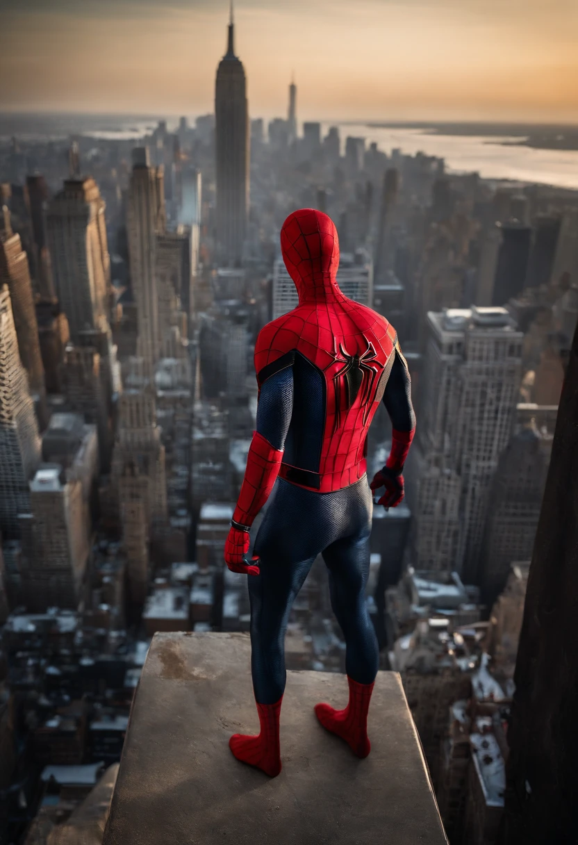 Spiderman standing ontop of the empire state building looking down on NYC as he holds on with one arm, cinematic, dramatic light, golden hour, haze