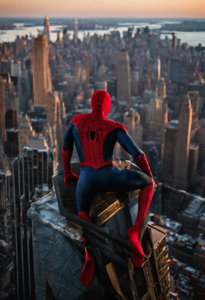 Spiderman standing ontop of the empire state building looking down on NYC as he holds on with one arm, cinematic, dramatic light, golden hour, haze