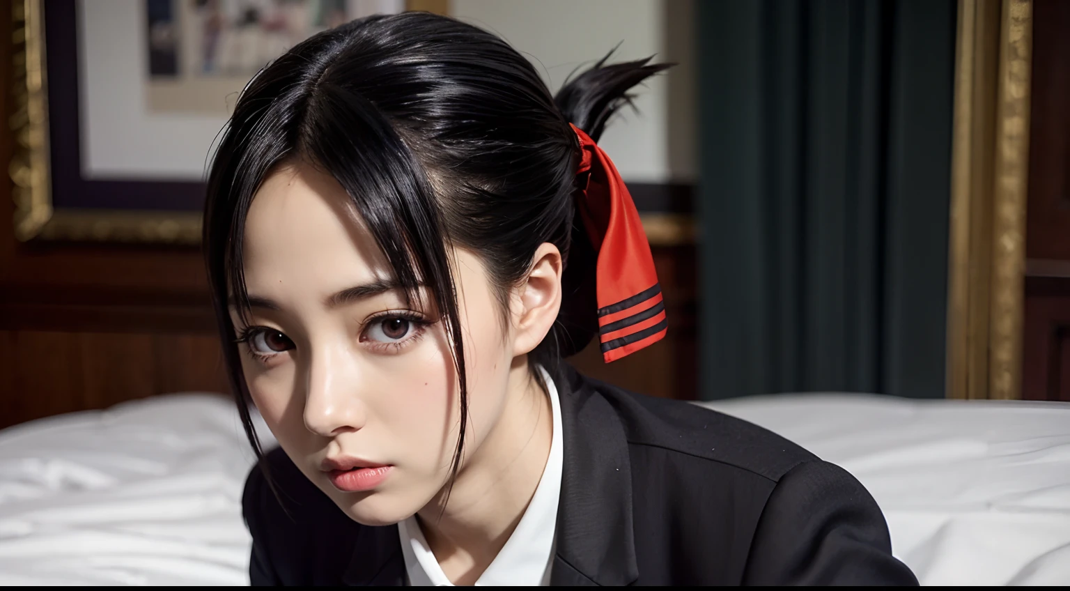 shinomiya kaguya, black hair, red eyes, short hair, folded ponytail, hair ribbon, school uniform, black dress, long sleeves, red ribbon, detailed face, film grain, extremely beautiful face, exquisite face, beauty