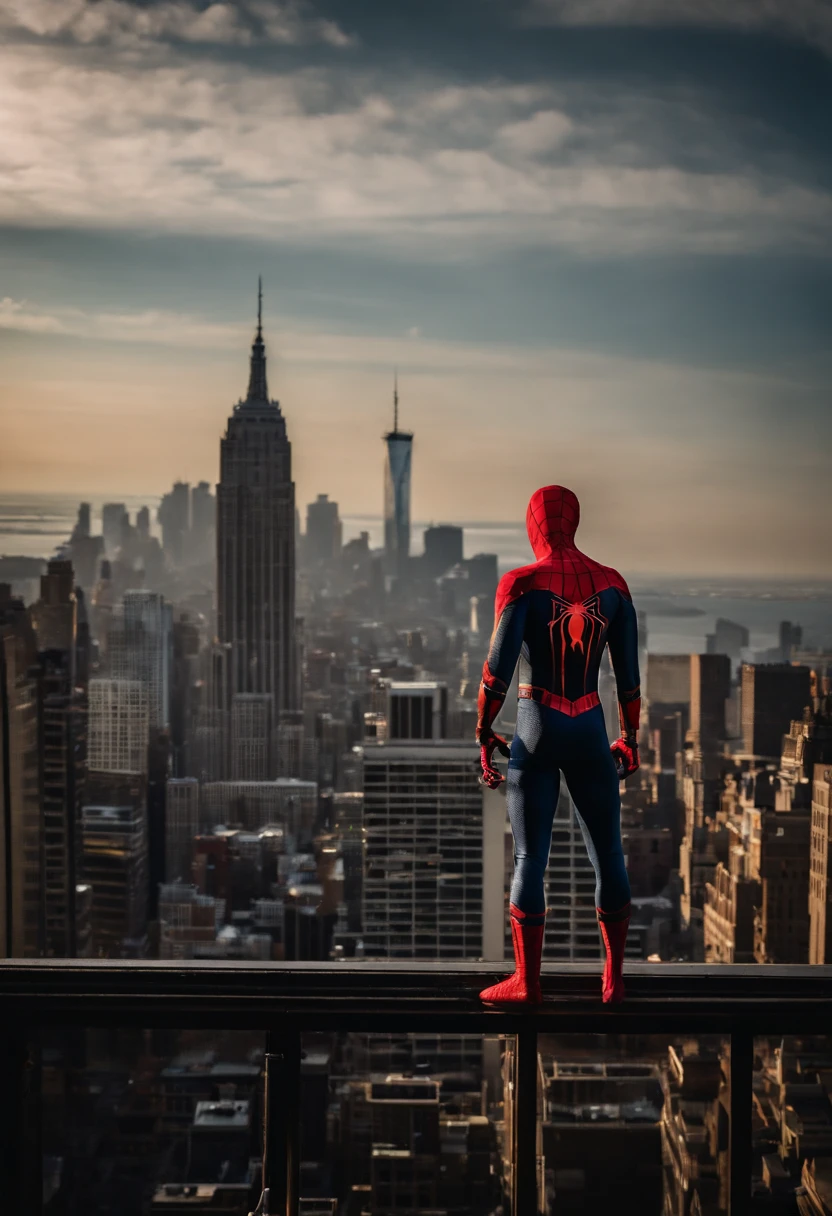 Spiderman standing ontop of the empire state building looking down on NYC as he holds on with one arm, cinematic, dramatic light, golden hour, haze