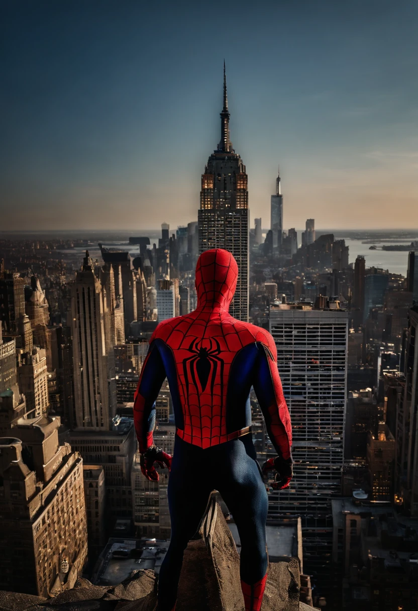 Spiderman standing ontop of the empire state building looking down on NYC as he holds on with one arm, cinematic, dramatic light, golden hour, haze