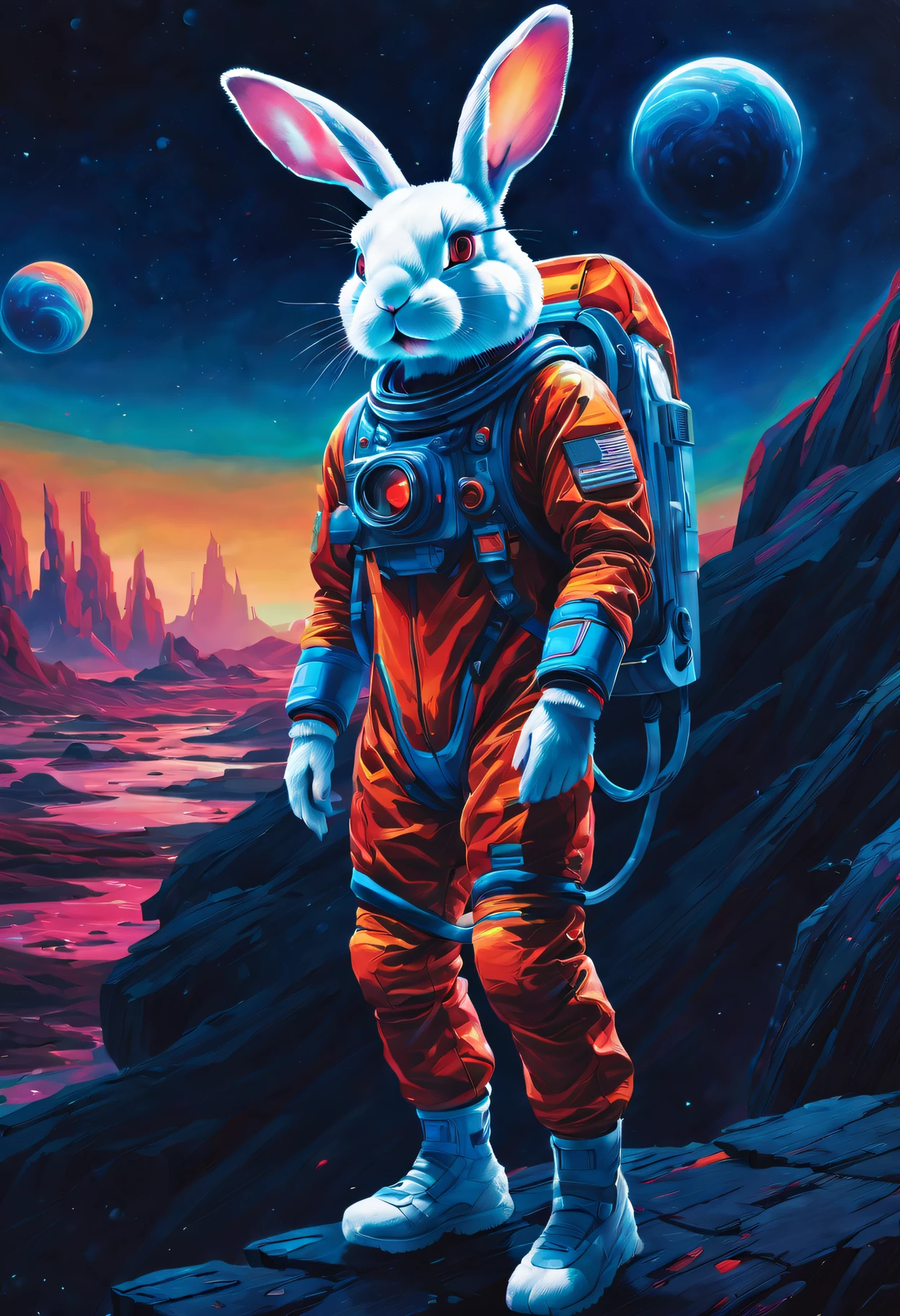 oil-painting, (((A bioluminescent rabbit))), scared surprised face, in a hi-tech space suit, standing on a ledge looking towards an earth with a space background in front of him, in the style of postapocalyptic backdrops, bright warm colours, movie poster, captivating documentary photos, earthworks, metallic rotation, imax, 21st century, the man in a spacesuit goes & walks through a landscape surrounded by planets, in the style of imax, anna dittmann aleksi briclot alex colville, centered image, ultra detailed illustration, posing, (tetradic colors), whimsical, enchanting, fairy tale, (ink lines:1.1), strong outlines, art by MSchiffer, bold traces, unframed, high contrast, (cel-shaded:1.1), vector, 32k resolution, best quality, flat colors, flat lights. Art and mathematics fusion, hyper detailed, trending at artstation, sharp focus, studio photography, intricate detail, highly detailed, centered, perfect symmetrical,