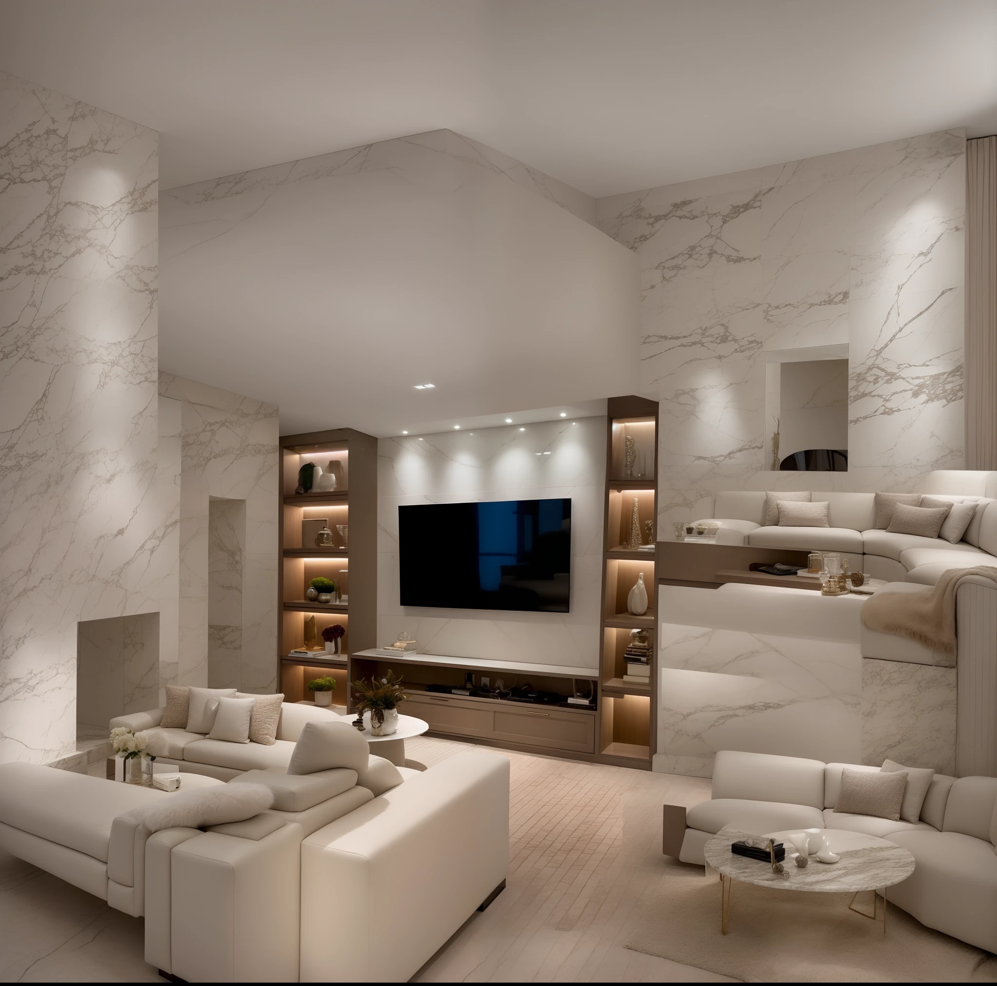 about neo classical lliving room with a dark brown simili leather sofa, gray fur rugivory and white marble, marble walls, the potter decor on a wall, white marble floor, morden and classiccal space, super sophisticated texture, elegant and refined, exaggerated texture, made of liquid metal and marble, felt upholstered sofa, (supper detail)), utral detail,
