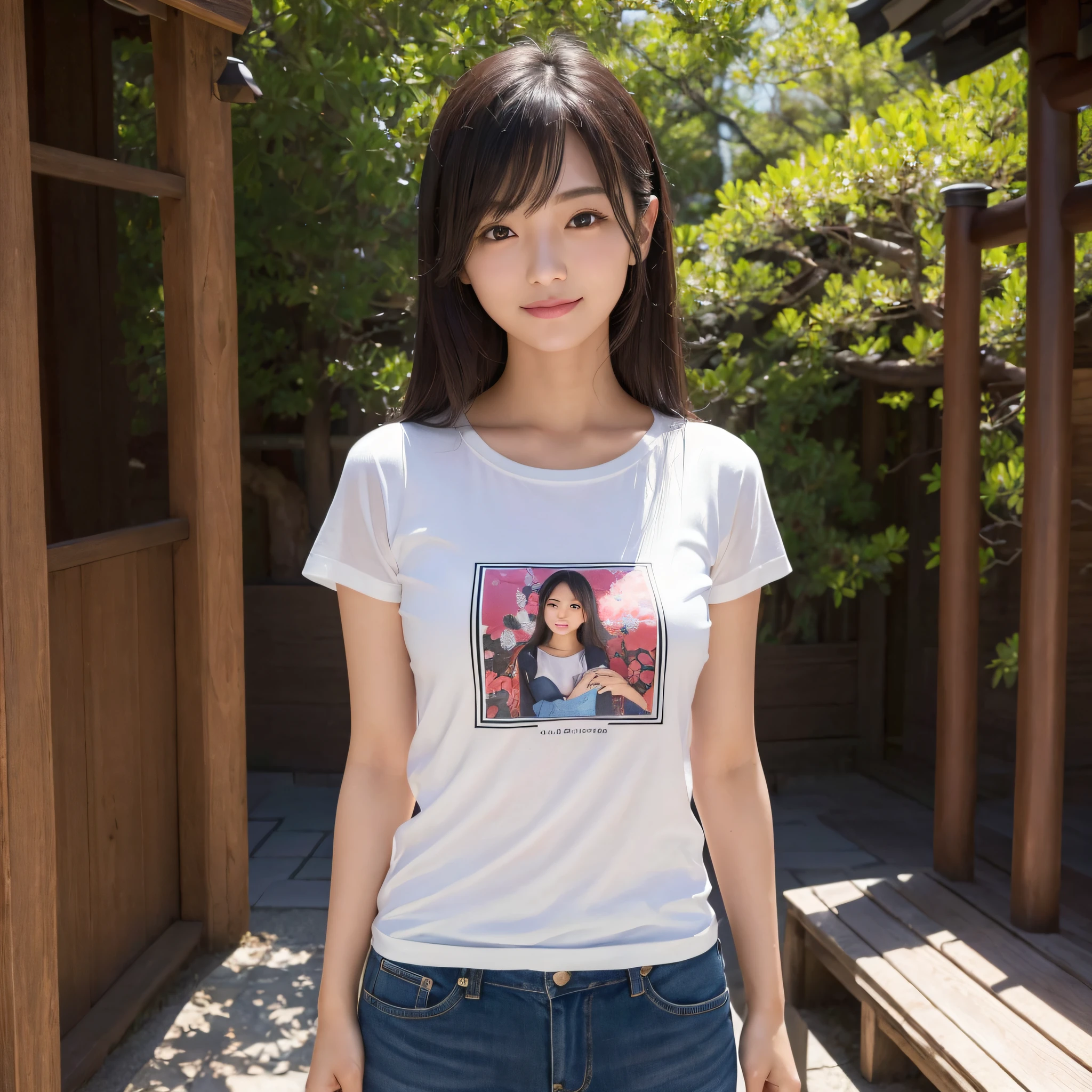 One beauty、((best qualtiy、8k masterpieces:1.3))、foco nítido:1.2、(ultra beautiful faces:1.0)、(shinny skin:1.0)、photos realistic、A dark-haired、Video Lighting、High-definition eyes and face、Video Lighting、25-year-old Japan actress、from the front side、medium breasts、Smile、Slender Abs Beauty、Whole body、Kanji for Japan「tenderness」Wearing a T-shirt、At the shrine