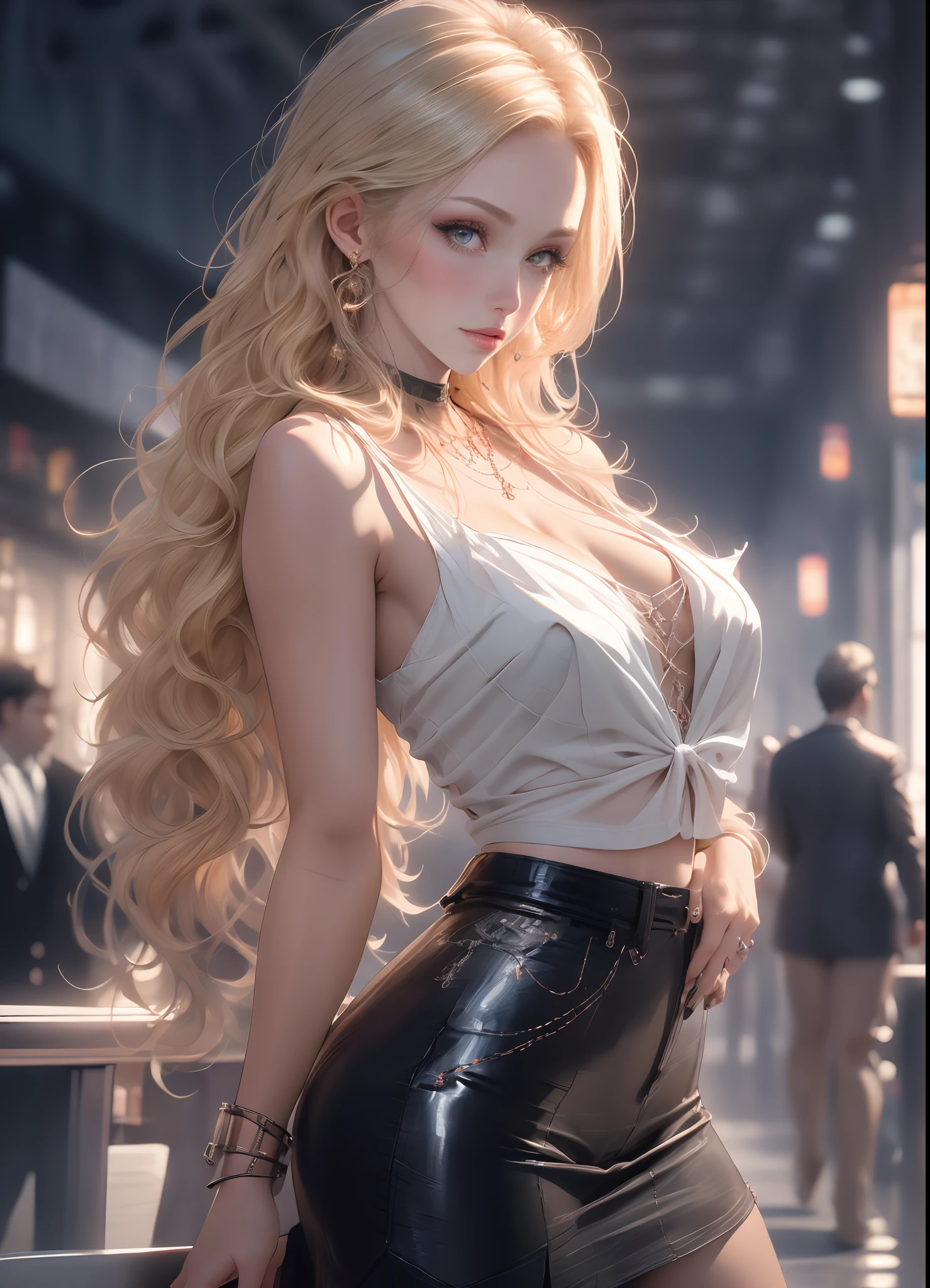 masterpiece, top quality, 8K, real person, realistic, very dense CG, shiny skin, fully focused, radiant, beautiful British blonde girl, wearing a loose top, stylish design, mesmerizing look,bold and majestic look, Background England, beautiful and elegant lady