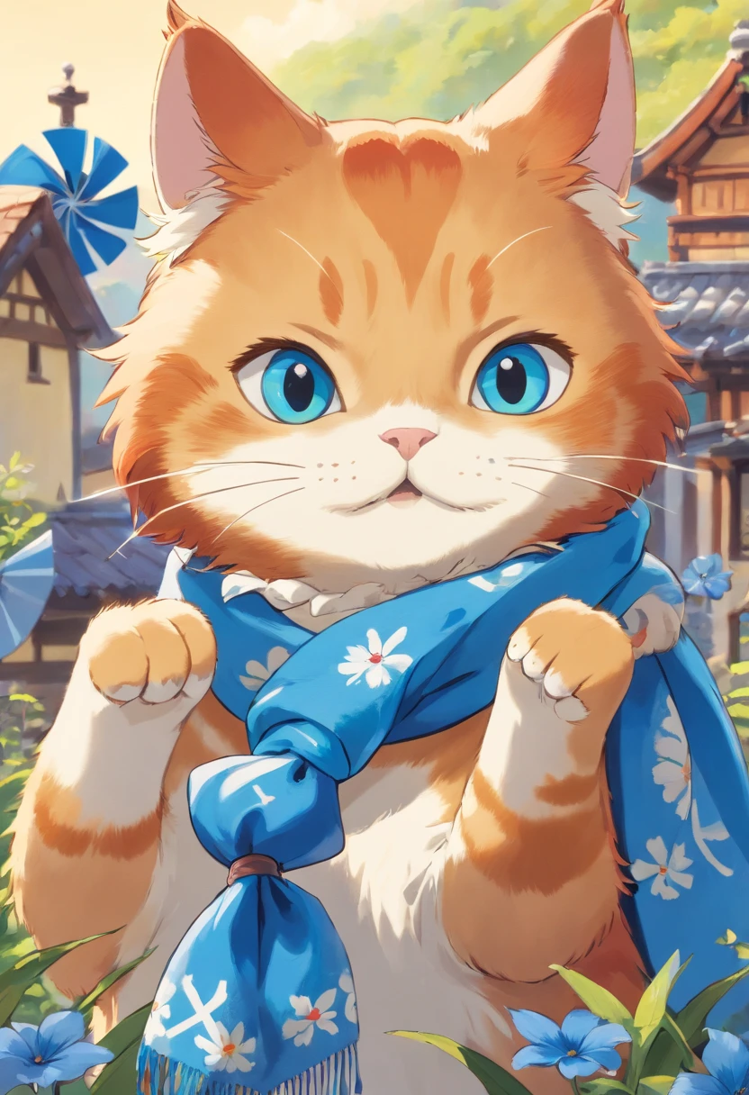 Ginger cat, blue scarf, holding a blue pinwheel toy