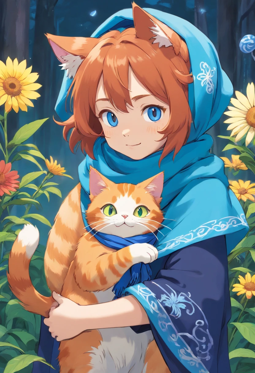 Ginger cat, blue scarf, holding a blue pinwheel toy
