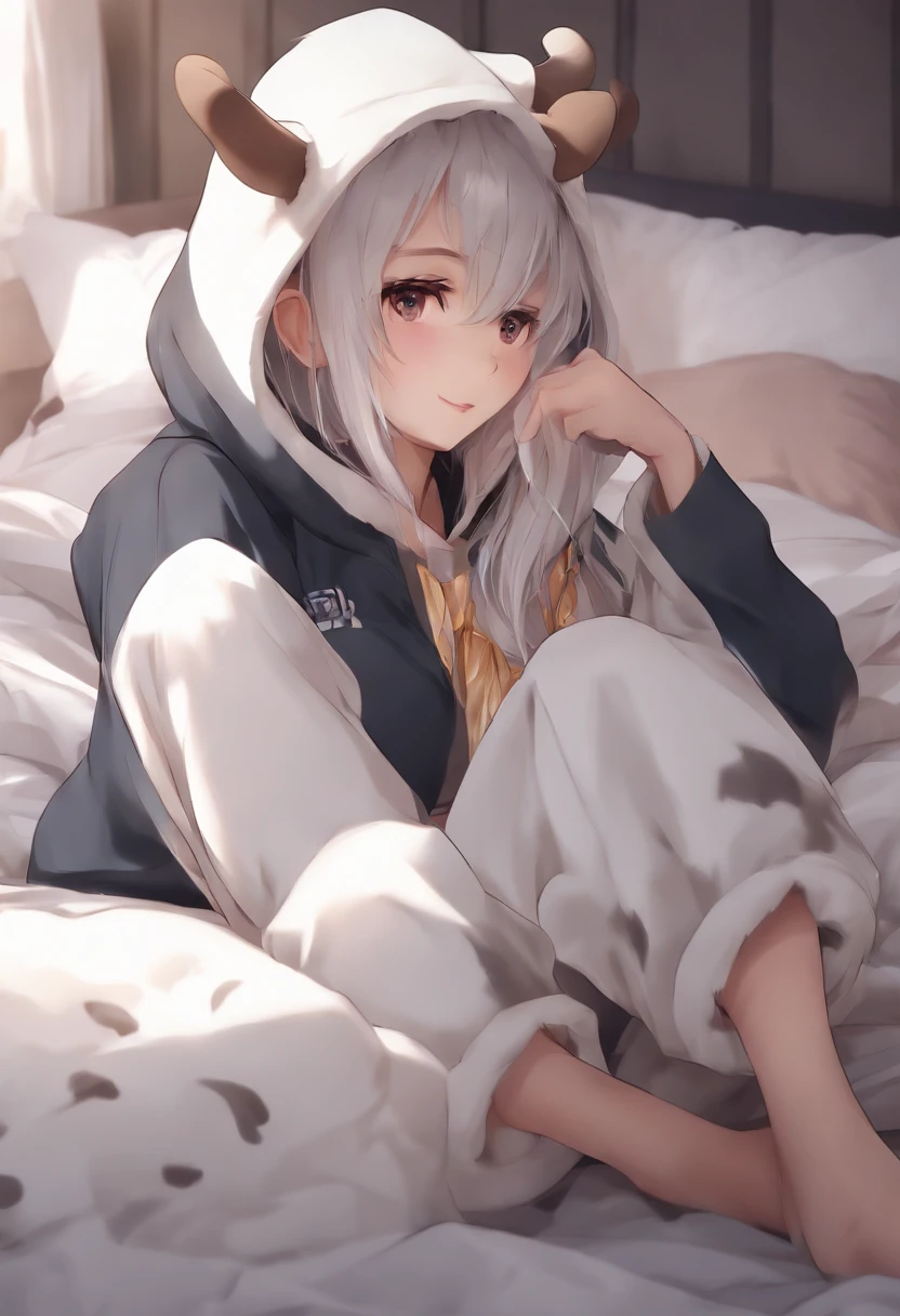 Anime girl in cow onesie on bed