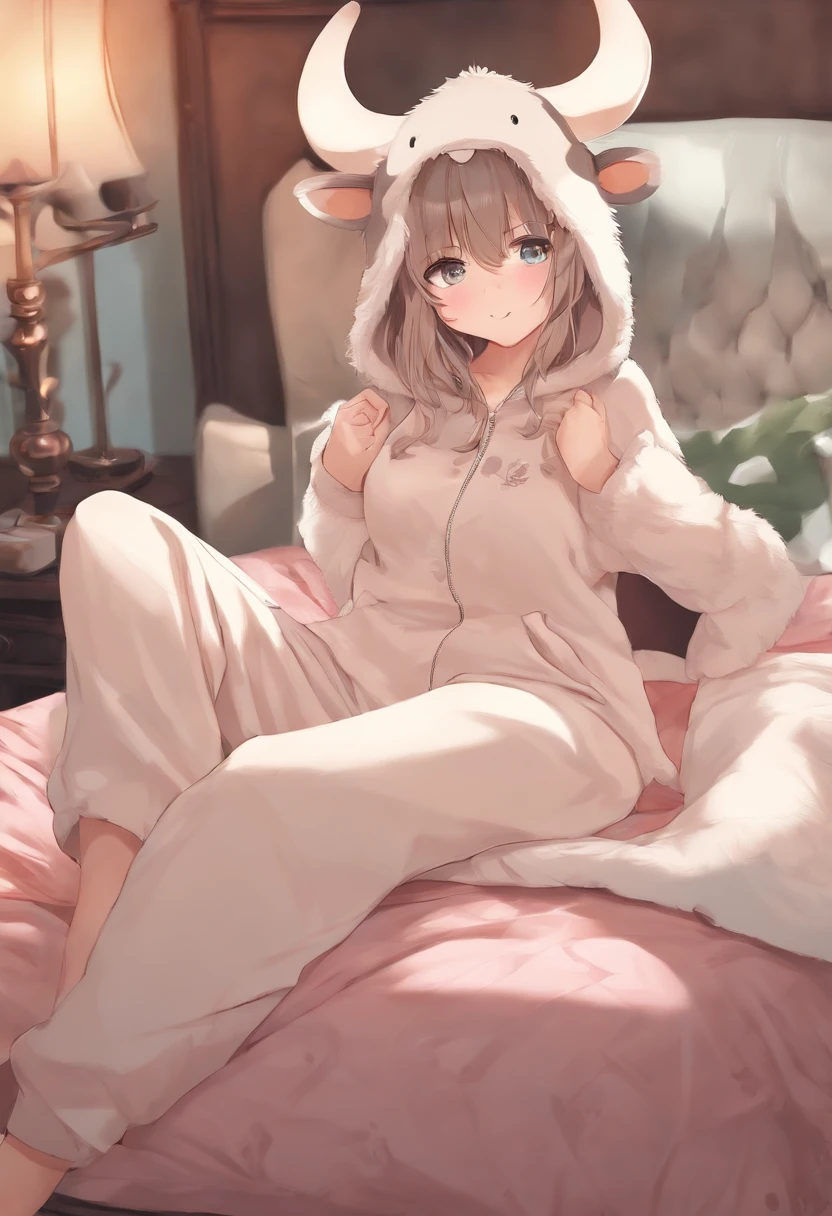 Anime girl in cow onesie on bed