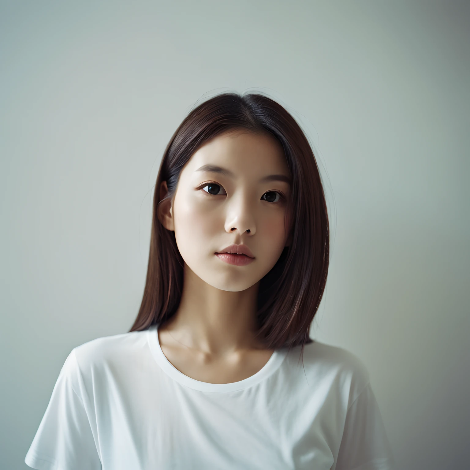 Top quality, 1 beautiful woman, age 28, white T-shirts, 35mm lens, f/1, cowboy shot, (white background: 1.3)