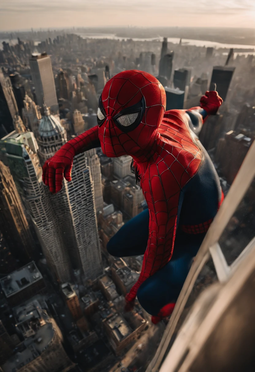 Spiderman standing ontop of the empire state building looking down on NYC as he holds on with one arm, cinematic, dramatic light, golden hour, haze