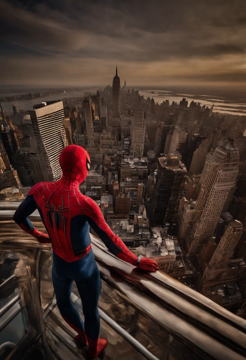Spiderman standing ontop of the empire state building looking down on NYC as he holds on with one arm, cinematic, dramatic light, golden hour, haze