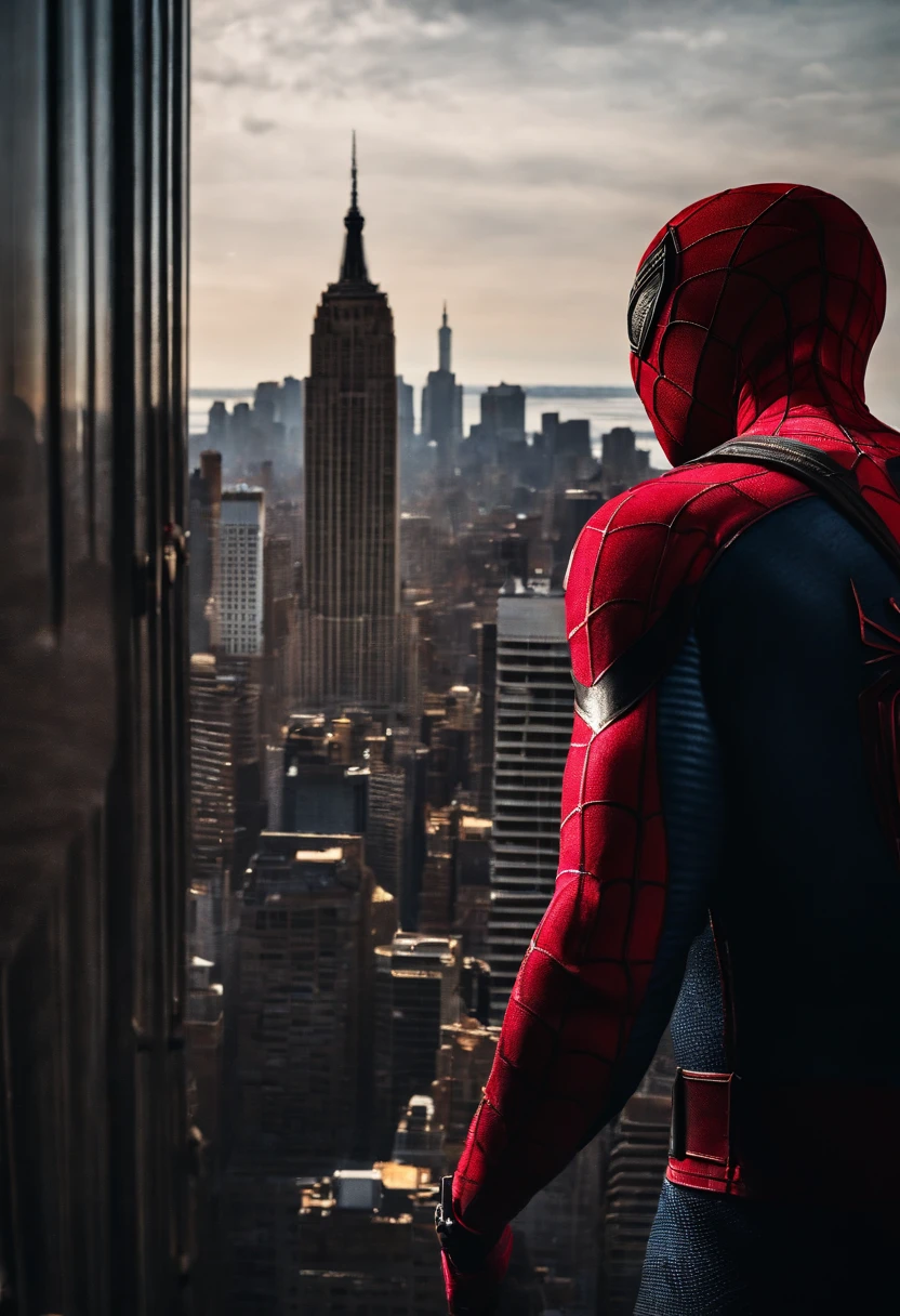 Spiderman standing ontop of the empire state building looking down on NYC as he holds on with one arm, cinematic, dramatic light, golden hour, haze
