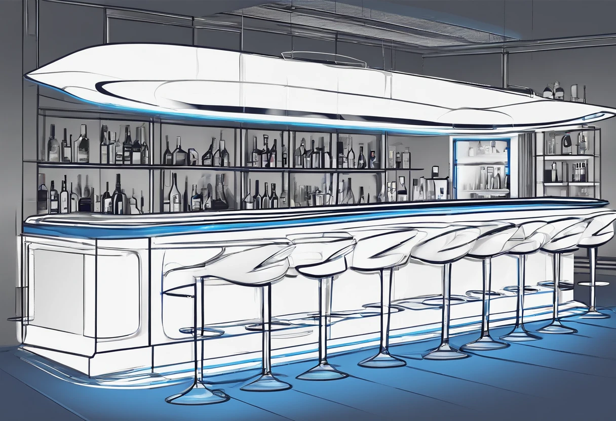 The bar table is designed in a futuristic, modern and technological style, with blue LED strips and a white bar