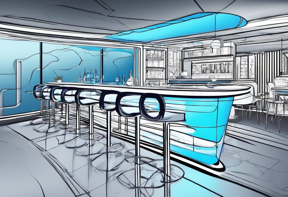The bar table is designed in a futuristic, modern and technological style, with blue LED strips and a white bar