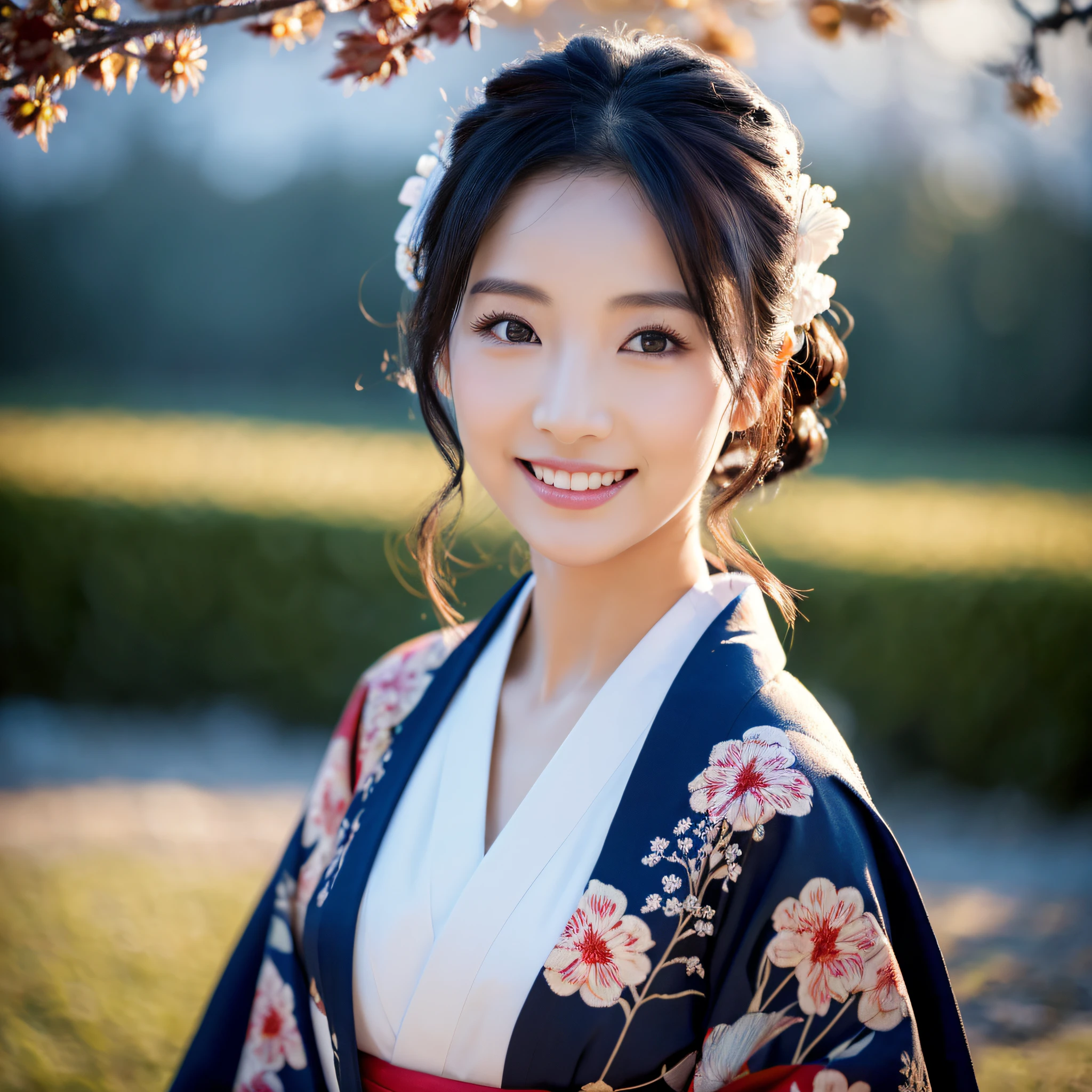 (Super beautiful woman in kimono)、((best qualtiy、8k masterpieces:1.3))、foco nítido:1.2、(ultra beautiful faces:1.0)、(shinny skin:1.0)、photos realistic、A dark-haired、Video Lighting、High-definition eyes and face、Video Lighting、Japanese actressl、from the front side、medium breasts、With a happy smile、Slender Abs Beauty、Whole body、wearing kimonos、In a snowy landscape