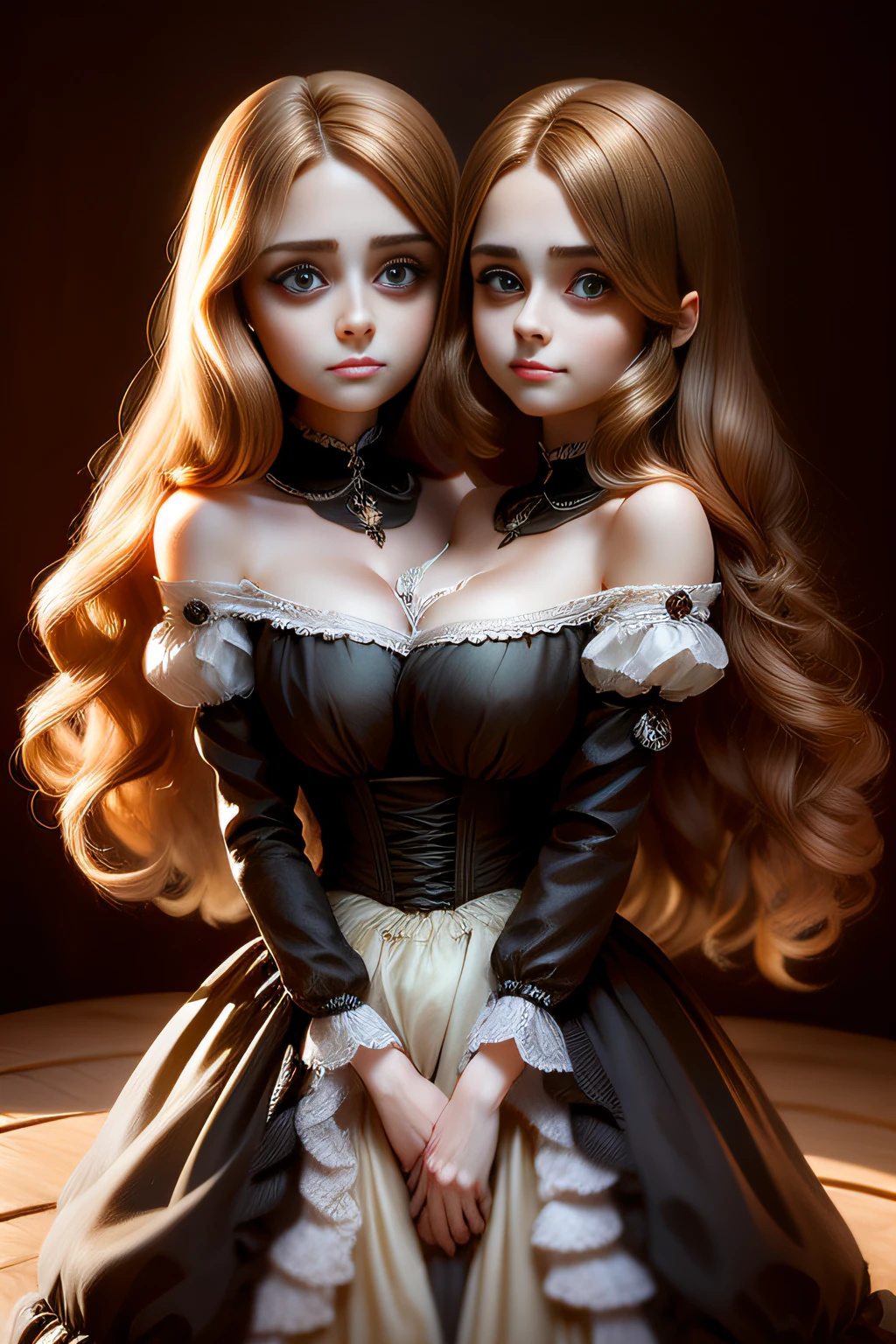 two heads, conjoined, 18 year old beautiful girl, big eyes, large breasts, petite and slender, 8K, top quality, (very detailed head: 1.0), (very detailed face: 1.0), (very detailed hair: 1.0), maid cloths, smile, golden hair, smooth long hair
