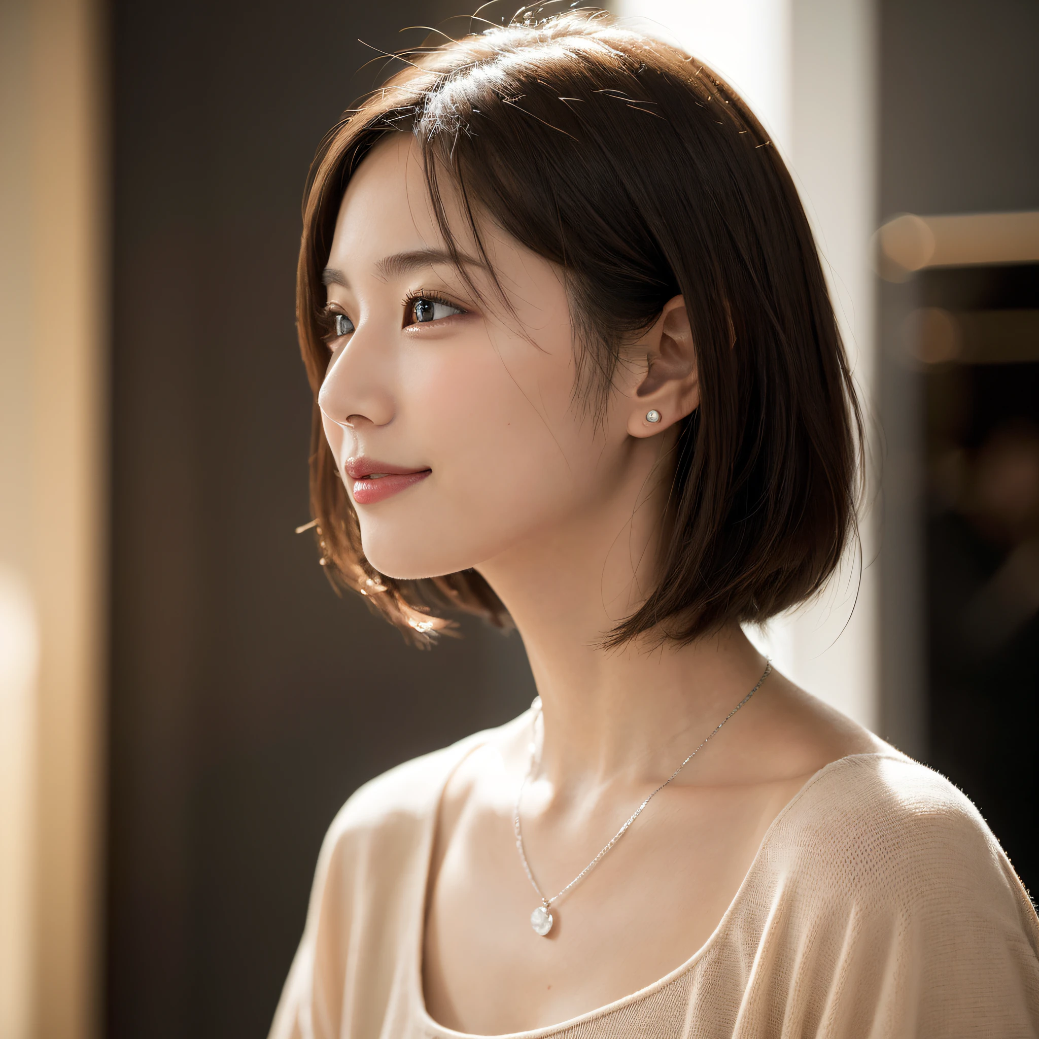 (8K, top-quality, ​masterpiece:1.3, 超A high resolution, A hyper-realistic), High Detail, (Face like the real thing), Photorealsitic, Raw foto, ((one beautiful women)), 27yo, Detailed face, beautidful eyes, realisticeyes, Eyes in Beautiful Details, (real looking skin), Beautiful skins, enticing, depth of fields, hight resolution, High pixel count, clear details, sharp photo, Natural color reproduction, Noise Reduction, High fidelity, ((salesperson, Recommending products in a department store, The upper body is visible, The background is also in the picture)), Everyday clothes, Neat and clean clothing, small tits, Sexy lips, Ears are visible, a smile, kindly smile, Beautiful skins, enticing, the golden ratio, (Detal Face:1.2), profetional lighting, Lighting the face, best light, japanes，japanaese girl, Photo of a cute Japanese woman, (Very thin chain, Small necklace, Thin Silver Necklace), simple background