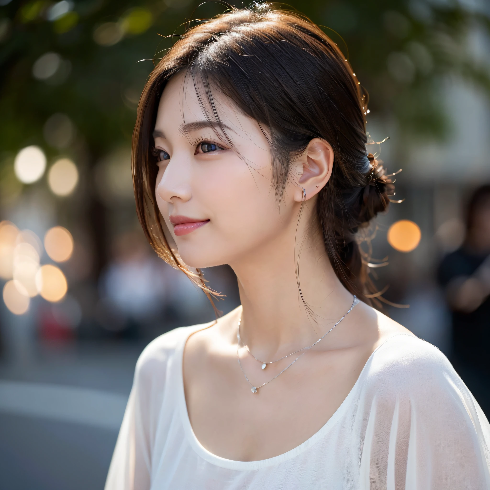 (8K, top-quality, ​masterpiece:1.3, 超A high resolution, A hyper-realistic), High Detail, (Face like the real thing), Photorealsitic, Raw foto, ((one beautiful women)), 27yo, Detailed face, beautidful eyes, realisticeyes, Eyes in Beautiful Details, (real looking skin), Beautiful skins, enticing, depth of fields, hight resolution, High pixel count, clear details, sharp photo, Natural color reproduction, Noise Reduction, High fidelity, ((salesperson, Recommending products in a department store, The upper body is visible, The background is also in the picture)), Everyday clothes, Neat and clean clothing, small tits, Sexy lips, Ears are visible, a smile, kindly smile, Beautiful skins, enticing, the golden ratio, (Detal Face:1.2), profetional lighting, Lighting the face, best light, japanes，japanaese girl, Photo of a cute Japanese woman, (Very thin chain, Small necklace, Thin Silver Necklace), simple background