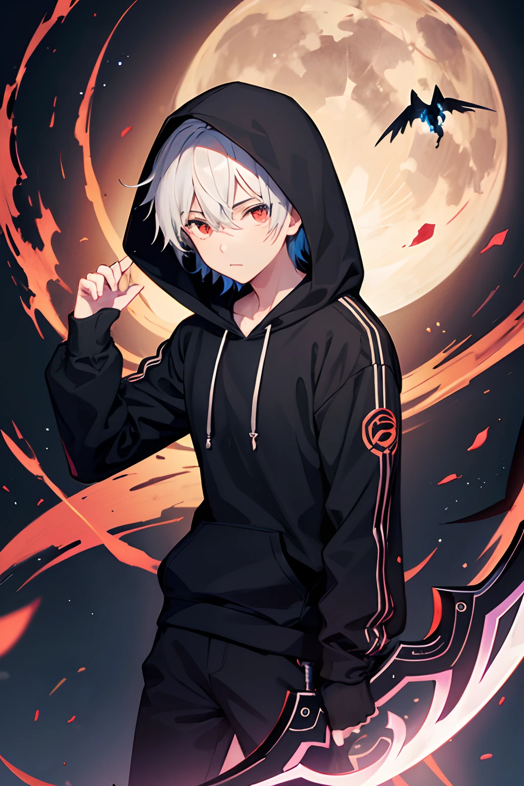 A Siliuet a boy Making a scythe fly with open hands, wearing hoodie, glowing eyes