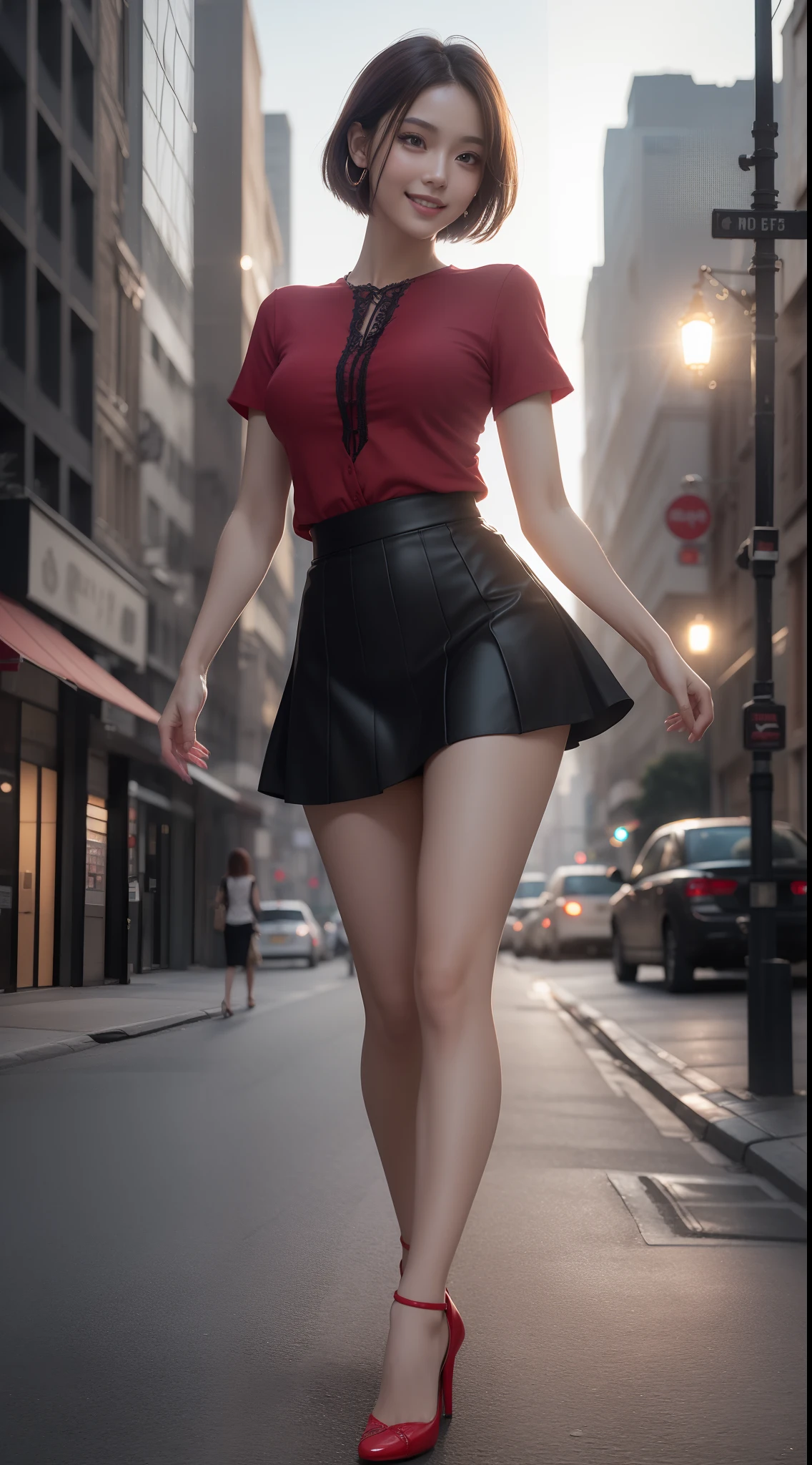8k, masterpiece, RAW photo, best quality, photorealistic, extremely detailed CG unity 8k wallpaper, Depth of field, Cinematic Light, Lens Flare, Ray tracing, (extremely beautiful face, beautiful lips, beautiful eyes), intricate detail face, ((ultra detailed skin)) 1girl, in the dark, deep shadow, pretty asian girl, 1 girl, (very slim slender fit-muscled body:1.3), ((looking at viewer)),(big smile:1.3), (short skirt ), (red mini skirt ),clear eyes, walking , front shot, (pale skin), (big eyes), face forward, (red shirt),  (brown hairs), ((laced blouse)),,(looking at viewer:1.3) very slim, medium breasts, tight Mimi skirt, (camel toe),neon, night, dim light, cityscape, blurry background, street, buildings, tree, sparkling skirt, (high heels), full body shot, (open breasts), black short sleeve, short hair