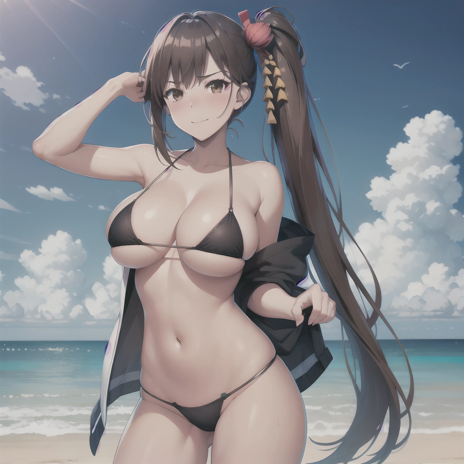 masterpiece, best quality, highres, brown hair, brown eyes, side ponytail, cowboy shot, standing, beach, micro bikini, embarrassed, blush, sexy pose, big breasts, hair ornament, long hair,