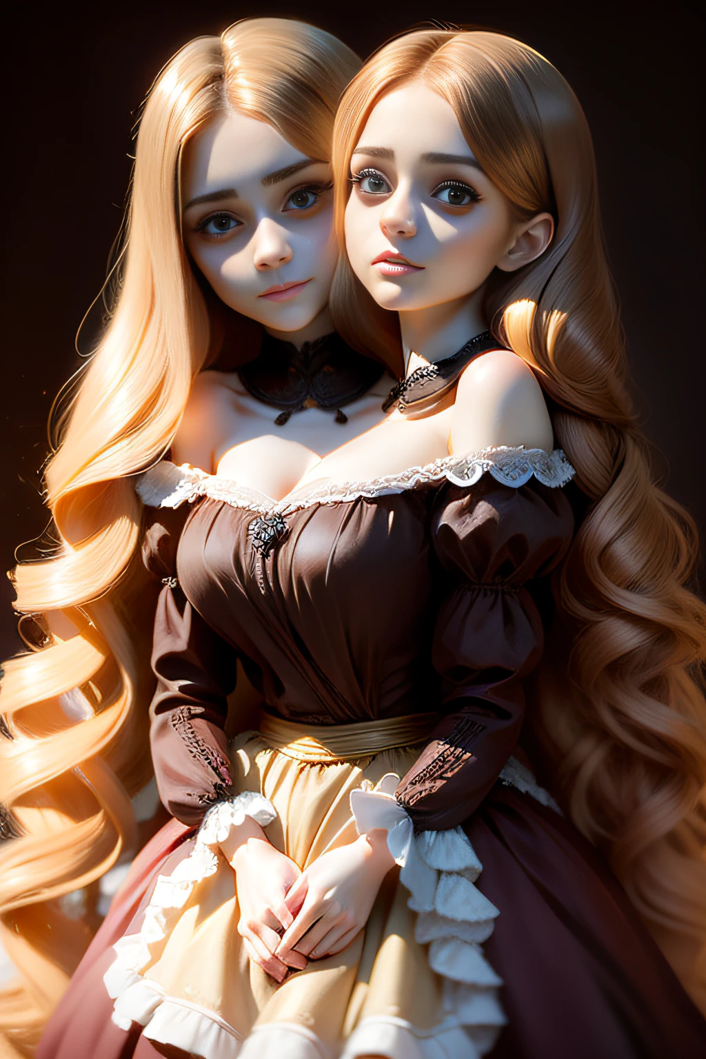 two heads, conjoined, 18 year old beautiful girl, big eyes, large breasts, petite and slender, 8K, top quality, (very detailed head: 1.0), (very detailed face: 1.0), (very detailed hair: 1.0), maid cloths, smile, golden hair, smooth long hair, chubby, large droopy breasts