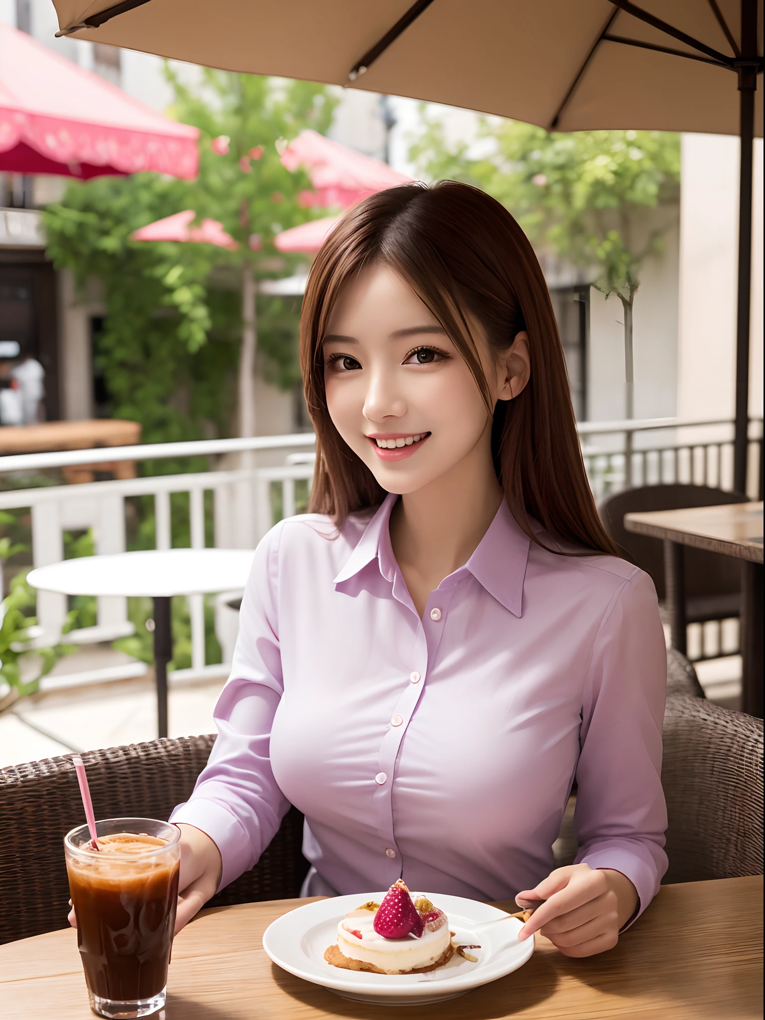 masutepiece、Best Quality、 ultra-detailliert、hight resolution、8K Wallpapers、Perfect dynamic composition,、Beautiful detailed eyes、(Beautiful breasts:1.1)、Pink Business Shirt、1girl in、a beauty girl、Brown hair、cafe terrace、Eat sweets in a large glass deliciously、A smile、date