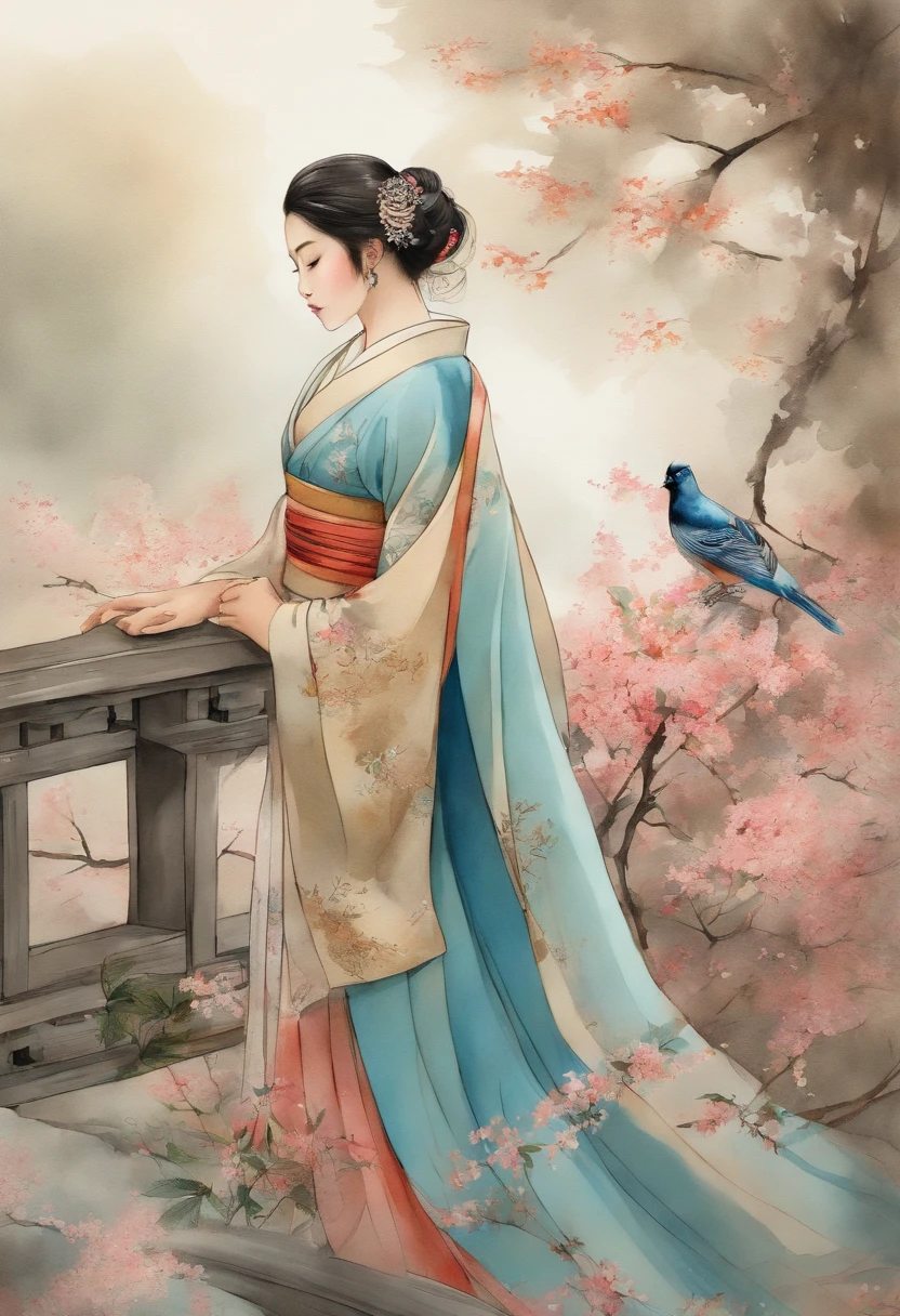 oiseaux, Style manga japonais, croquis, Watercolor Colors.